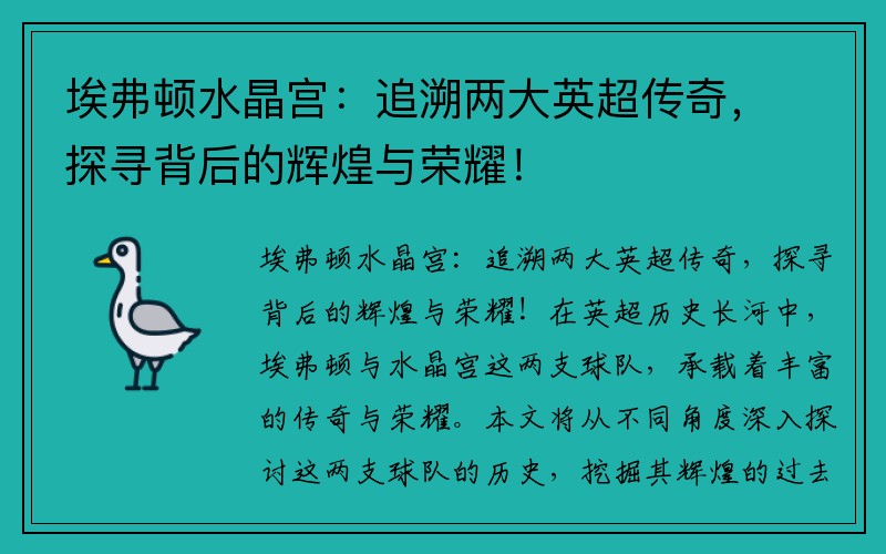 埃弗顿水晶宫：追溯两大英超传奇，探寻背后的辉煌与荣耀！